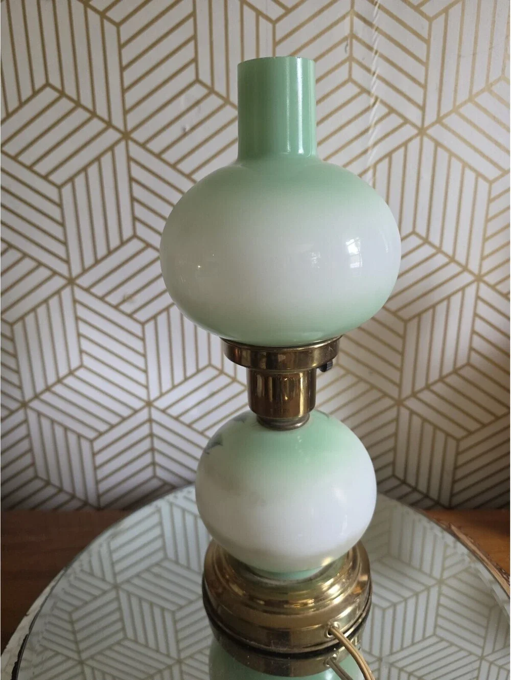 Vintage Handpainted Green Floral Glass Hurricane Parlor Accent Lamp 13